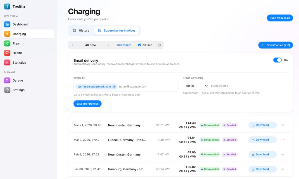 Teslita Supercharger Invoices page with email delivery toggle, status badges and download buttons